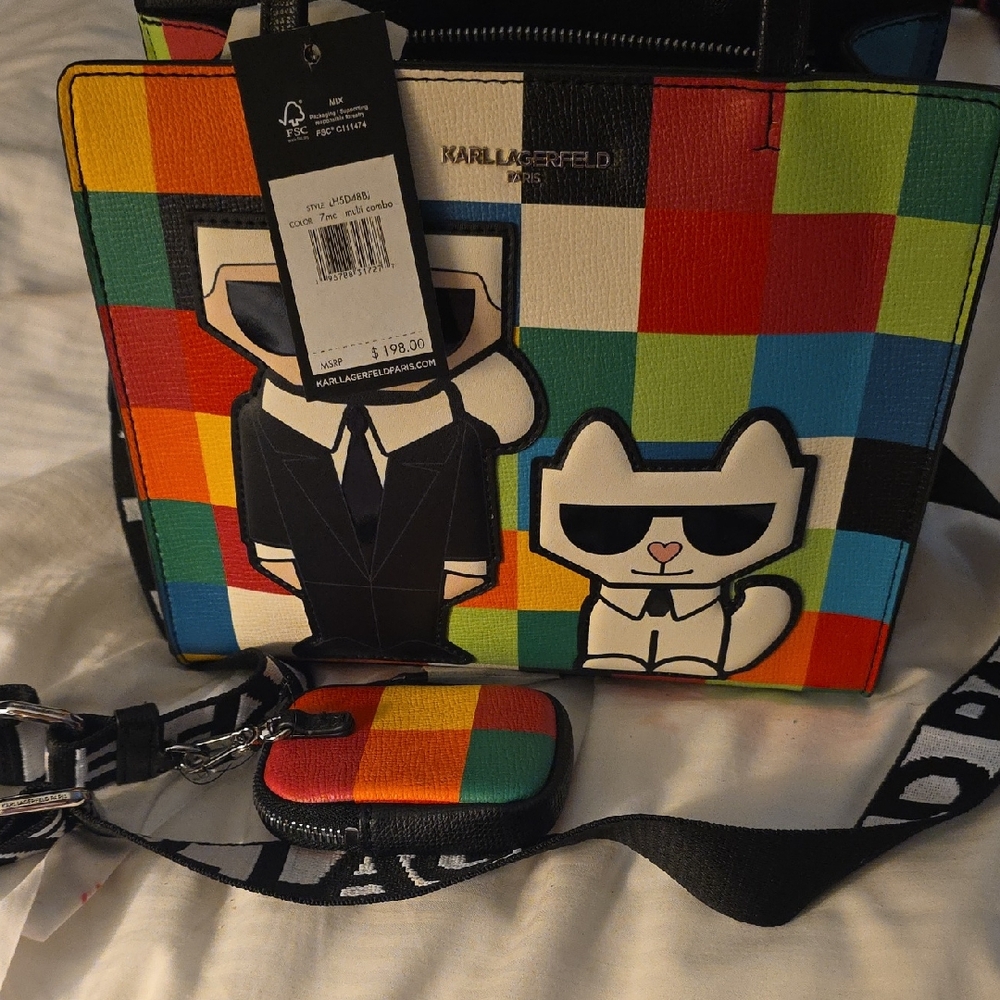 Brand New Karl Lagerfeld Maybelle Multicolor Choupette Cat Design Tote